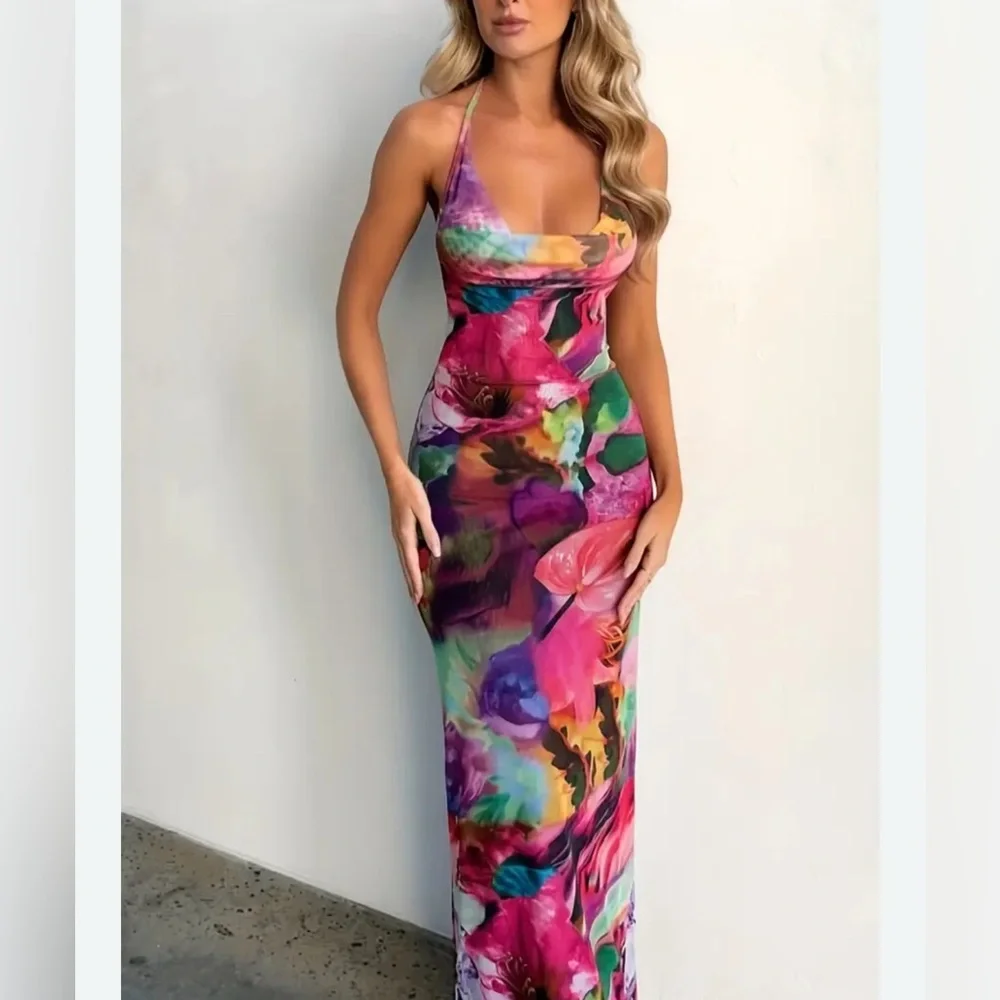 Floral Watercolor Halter Maxi Dress in Multicolor - Picture 1 of 1